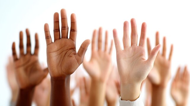Diverse Hands Raised in Unity, Celebrating Diversity, Inclusion, and Participation in Community Engagement