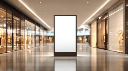 Obraz premium Blank advertising billboard inside modern shopping mall, perfect for mockups and retail promotions, copy space