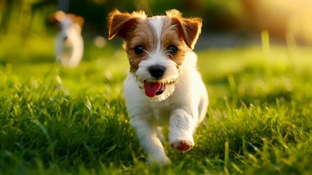 Airedale Terrier puppy running in grassy field during the golden hour, with sunlight casting a warm glow on the scene. The puppys fur is a mix of white and brown.