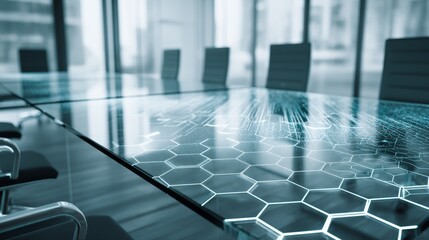 Futuristic high-tech conference table close-up, with a transparent glass surface displaying a blue hexagonal data network, symbolizing technology, AI, data analysis, and corporate strategy.
