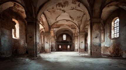Fototapeta premium Interior View of Decaying Abandoned Church with Arched Ceiling and Natural Light, Representing History and Architectural Heritage