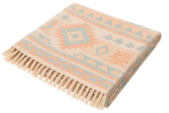 Folded towel with southwestern geometric pattern and tassels