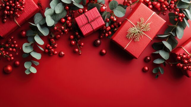 Festive Christmas Gifts with Red Wrapping Paper and Green Eucalyptus on Red Background
