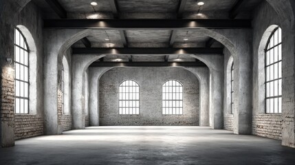Obraz premium Industrial Warehouse Interior with Concrete Walls, Arched Windows, and Open Space for Commercial or Creative Use
