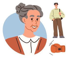 Elderly woman smiling with updo hairstyle, young man carrying bag in casual clothing, orange boxing glove. Ideal for generational bond, personality, sport passion, mentorship, age dynamics