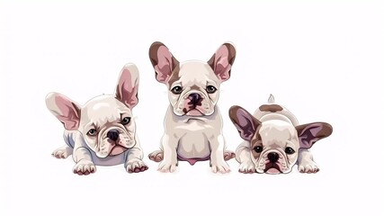 A detailed illustration of a French Bulldog puppy. The style is realistic with a touch of stylization, particularly in the ears and the eyes. The color palette is primarily white and light brown.