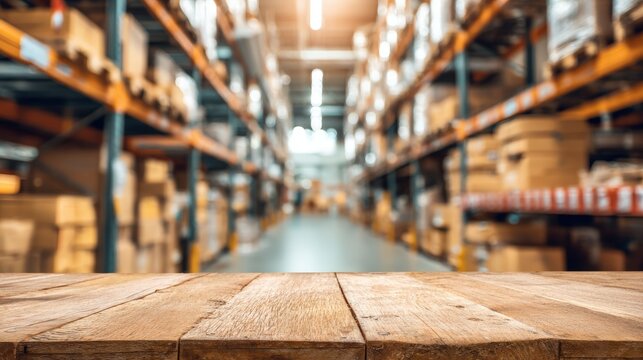 Warehouse Interior with Wooden Table Surface for Product Placement, Storage and Distribution Background