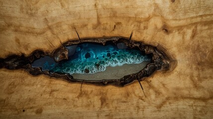 Wooden Carving of Beach Scene A Top-Down View of Intricate Woodwork and Stunning Oceanic Details