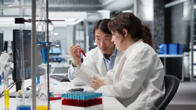 Multiethnic team of clinical laboratory technologists reviewing blood data during diagnostics study. Diverse coworkers validating sanguine fluids sample results, camera B