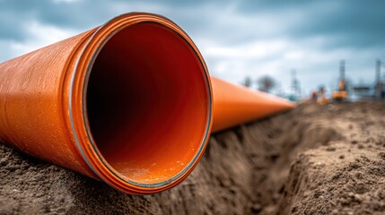 Orange Plastic Pipes in Trench Construction: Infrastructure Development for Water and Sewer Systems, Urban Planning, and Utilities