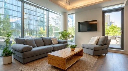 Fototapeta premium Modern Apartment Living Room with City View, Comfortable Sofa, Natural Light and Minimalist Design