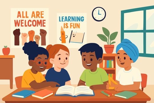 Diverse students collaborating in a cheerful classroom with inclusive posters and shared learning materials