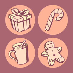 Set of minimalist flat vector icons of Christmas gifts and sweets. Includes gift boxes, candy canes, gingerbread cookies, and mugs of hot cocoa.