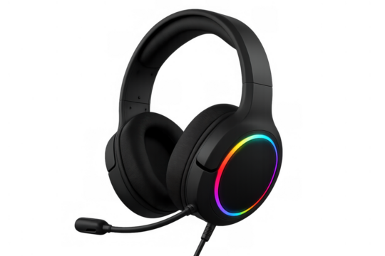 Black gaming headset featuring colorful rgb lighting, a microphone, and comfortable earcups, isolated on transparent background