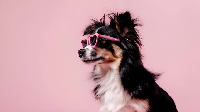 A black and white dog with heartshaped pink sunglasses. The dog is set against a pink background, and the image has a shallow depth of field, emphasizing the dogs features.