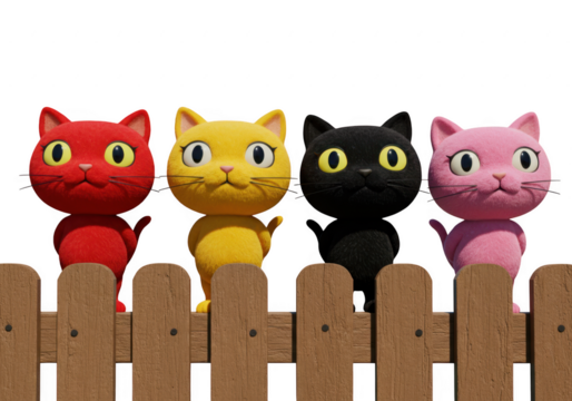 Four colorful cartoon cats on a wooden fence isolated on transparent background