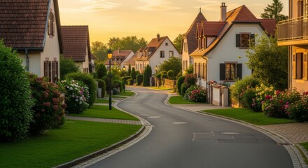 Obraz premium A serene residential street lined with houses and lush greenery bathed in warm sunlight.