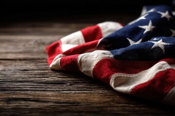 Patriotic image of an American flag gracefully draped on rustic wooden surface creating a symbolic backdrop