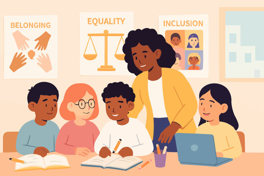 Teacher assisting students of different backgrounds with warm gestures and inclusive teaching tools