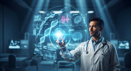 Medical Doctor Using Futuristic Holographic Interface for Advanced Health Data Analysis in High-Tech Lab