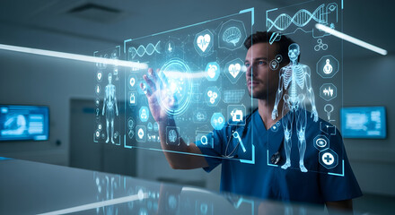 Doctor Interacting with Futuristic Medical Holographic Interface. Advanced healthcare technology for digital patient data analysis.