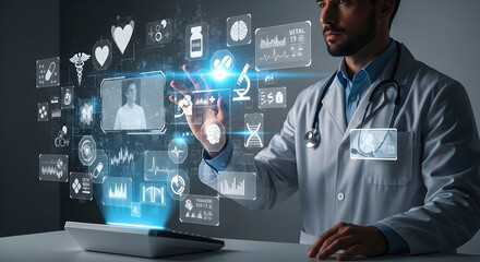 Doctor interacting with futuristic medical data interface, symbolizing healthcare innovation and digital technology