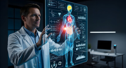 Medical professional analyzing futuristic holographic human body scan with digital health data for advanced diagnostics.