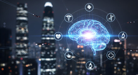 Digital Brain with Medical Icons in Futuristic Cityscape: AI, Healthcare Technology & Neuroscience Concept