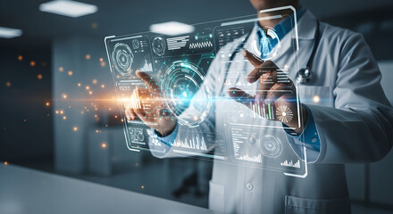 Healthcare professional using futuristic holographic interface for medical data analysis and innovation