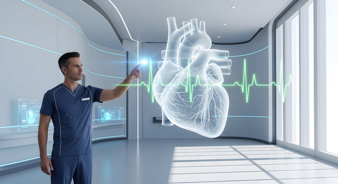 Doctor analyzes holographic human heart and ECG waveform in a futuristic medical setting, showcasing advanced cardiology technology.