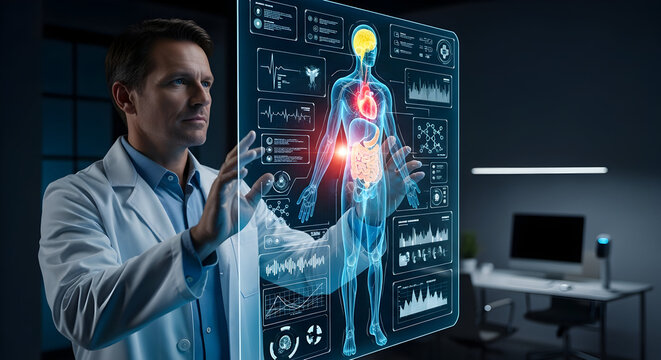 Medical professional analyzing futuristic holographic human body scan with digital health data for advanced diagnostics.