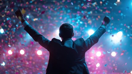 Successful Businessman Celebrating Achievement Under Confetti Shower on Stage with Dramatic Lighting Back View