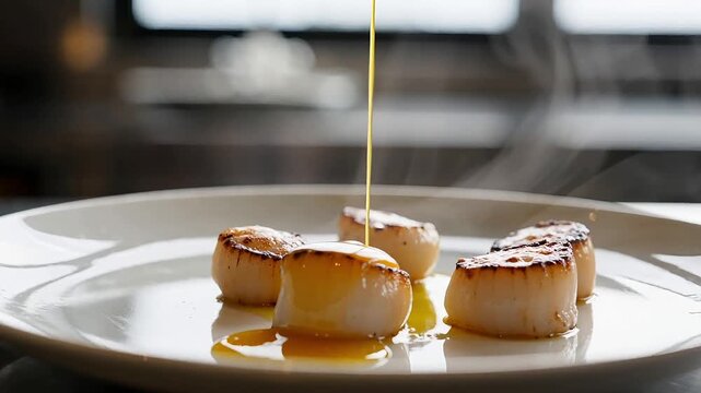 Seared scallops plated on a white ceramic dish being drizzled with a rich, yellow-golden sauce in a close-up shot, emphasizing gourmet fine dining and luxury