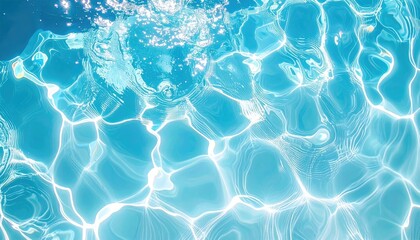 Close up view of sparkling blue pool water surface with light reflections and gentle waves creating abstract patterns on a sunny day