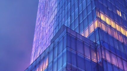 Obraz premium Modern Glass Skyscraper at Night with Illuminating Lights and Sleek Architecture, Symbolizing Urban Development