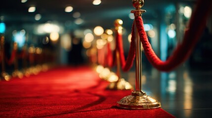 Elegant red carpet entrance with velvet ropes and golden stanchions, creating a luxurious event atmosphere