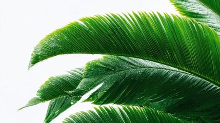 Fototapeta premium Lush green palm leaves with water droplets on a white background, perfect for summer designs