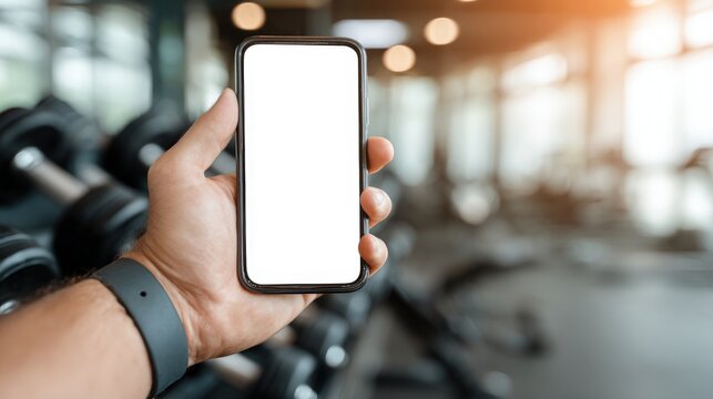 Hand Holding Smartphone with Blank Screen in Gym for Fitness App Promotion