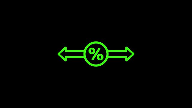 Bright Green Percentage Symbol Icon with Horizontal Arrows on Black Background discount sale