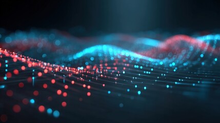 Abstract Digital Landscape with Red and Blue Particles, Futuristic Technology Background, Data Visualization