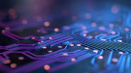 Abstract Technology Background with Circuit Board Design: High-Tech Innovation and Digital Connectivity in Blue and Purple Tones