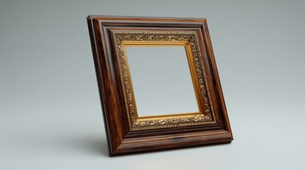 Fototapeta premium Ornate Empty Picture Frame Mockup with Detailed Wood Grain and Gold Trim, Ideal for Art Presentation