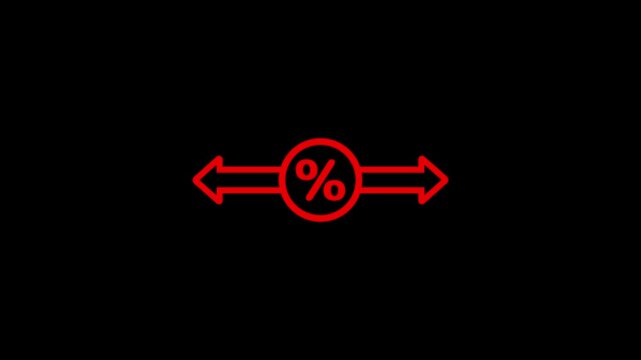 Red Percentage Symbol Icon with Horizontal Arrows on Black Background discount sale