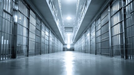 Fototapeta premium Long Prison Hallway with Cells and Metal Bars Suggesting Confinement and Incarceration