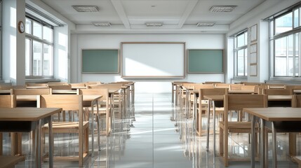 Fototapeta premium Empty School Classroom with Desks and Chairs, Featuring Whiteboard and Natural Light for Educational Concepts