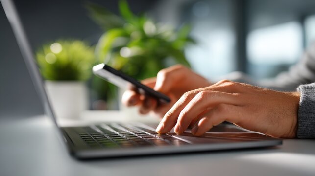 Person Working Remotely on Laptop and Smartphone, Focus on Hands Typing, Modern Workspace