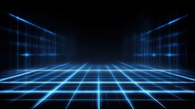 Futuristic Grid Landscape with Blue Neon Lines and Dark Background for Virtual Reality Design