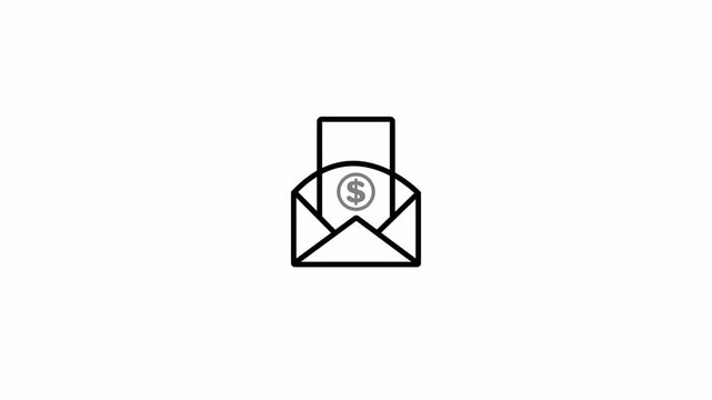 Black and grey outline icon of an open envelope with a dollar sign inside on a white background money