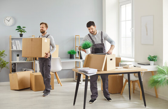 Two men movers handle relocation from office or home using cardboard boxes, offering company job support, transforming the space into a hub of efficient moving and delivery with worker coordination.