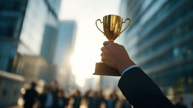 Achievement Concept: Businessman Holds Trophy High in Victory Against Cityscape, Celebrating Success and Corporate Triumph